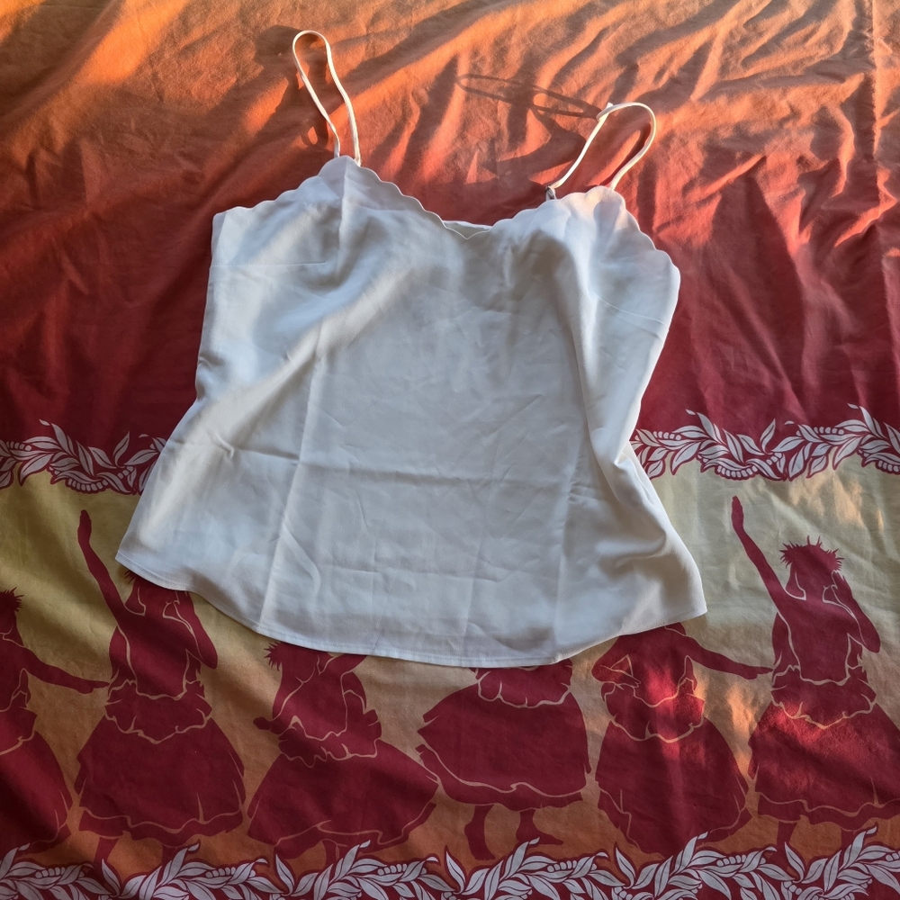 J. Crew White Scallop-Trim Silky Romantic Camisole Adjustable Shoulders